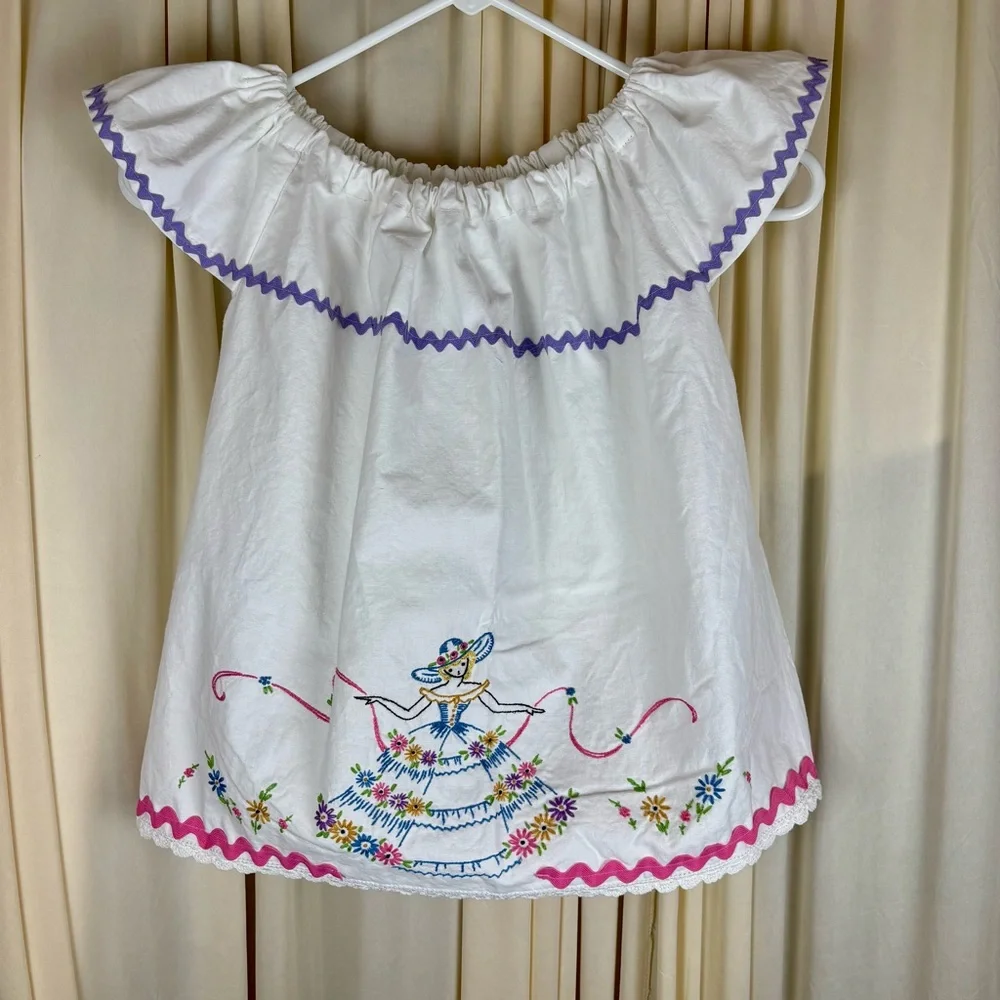 Child Dress VTG Pillowcase White Ruffled Sleeve Hand  Embroidered Design | 24mo - Picture 2 of 10